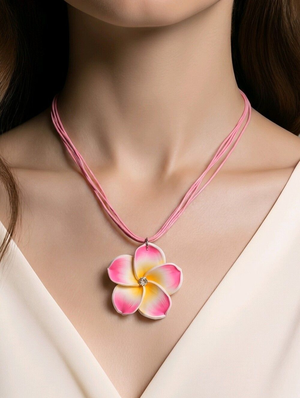 Pink Plumeria Flower Necklace Tropical Floral Hawaiian Cord Pendant Island Girl